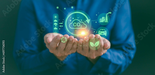 Greenhouse gas carbon reduce CO2 emissions to limit global warming and climate change, green environment energy neutral decarbonize technology recycle pollution, electric transport, offset planting.