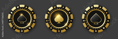 Spades suit chips. Set of gold and black and poker chips. Gambling tokens with suits for poker and casino and roulette. Vector illustration. For game design, advertising web banner and poster.