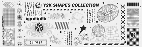 Abstract geometry wireframe shapes and patterns, cyberpunk elements, signs and perspective grids. Surreal geometric retro signs. Rave psychedelic futuristic Y2k acid aesthetic set. Vector illustration