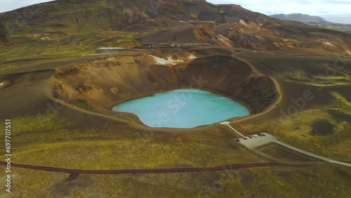 Aerial view on the iceland aerial landscape above lake in the geysers valley icelandic landscape from air famous place. photo