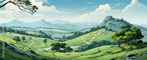 wide panoramic landscape Illustration scenery drawing with morning sunrise with colorful cool bluish effect and clouds awith bright sky through foggy greeny grass mountain valley 