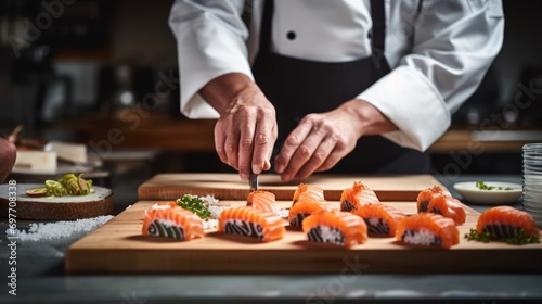 Close-up of a chef's hands laying out ready-made sushi rolls of Japanese cuisine on a wooden board while standing in a restaurant kitchen.