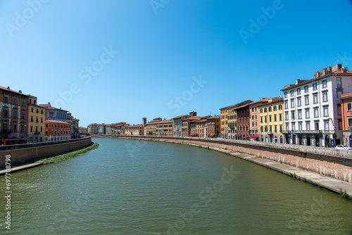 Italy, Pisa, July 26, 2023. The city of Pisa with a view of the Arno river