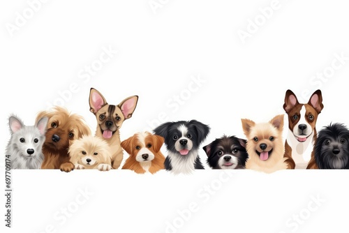 Group of dogs standing next to each other on white background.