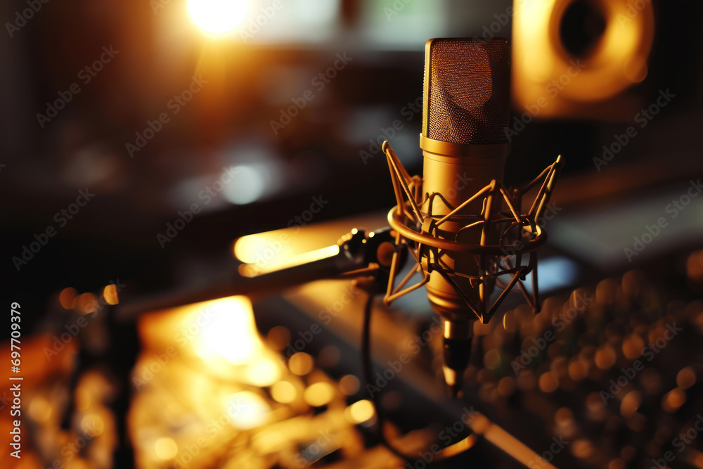 Condenser microphone golden in the studio recording creating the sound effect Condenser microphone golden in the studio recording creating the sound effect