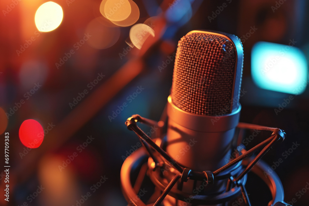 Condenser microphone golden in the studio recording creating the sound effect Condenser microphone golden in the studio recording creating the sound effect