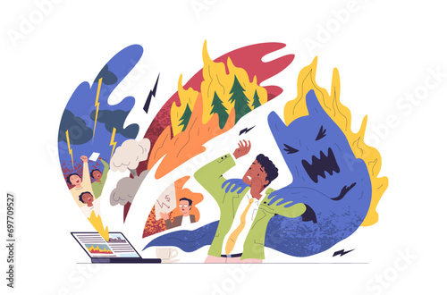 Fearing news. Nervous person avoid bad negative information from laptop screen, social media communication stress panic fear, overload infodemic concept classy vector illustration photo