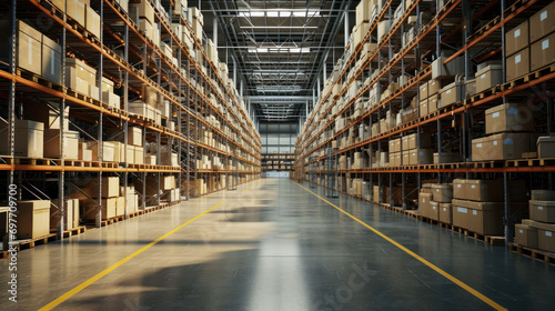 Distribution warehouse with cardboard boxes on shelves and floor.