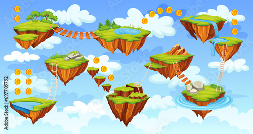 Arcade level map. Rock island platforms for jumping road to goal play 2d video game old computer console floating nature ground gaming world background neoteric vector illustration