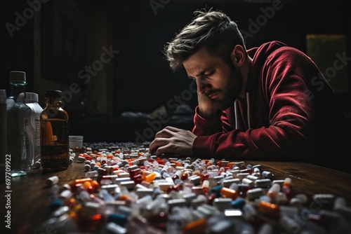 Depressed man sitting at the table with many pills and bottles of medicines