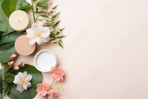Flat lay composition with cosmetic products and flowers on beige background © Meow Creations