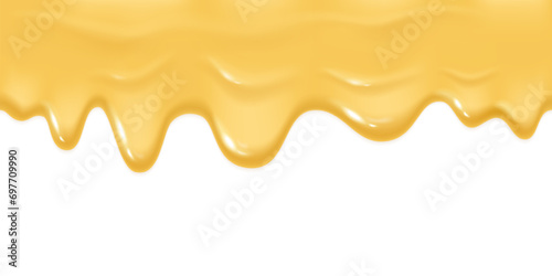 Realistic melted cheese. Hot cheeses flowing liquid, ghee thick mayonnaise drip cream syrup spilling cheeseoil fondue or tasty pizza melt cheddar border nowaday vector illustration photo