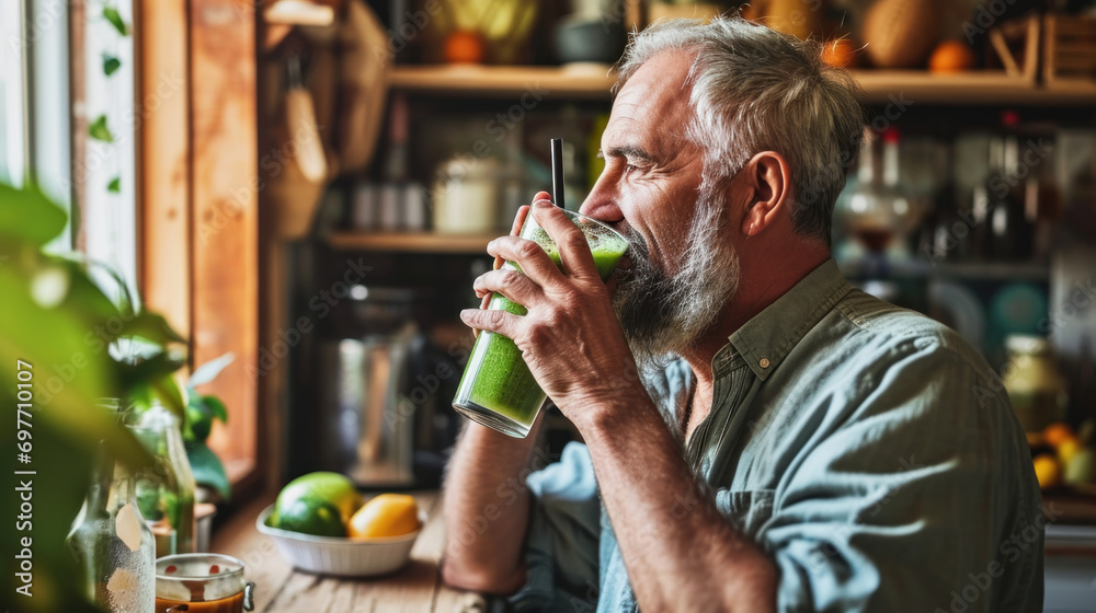 Mature man in home drinking a smoothie