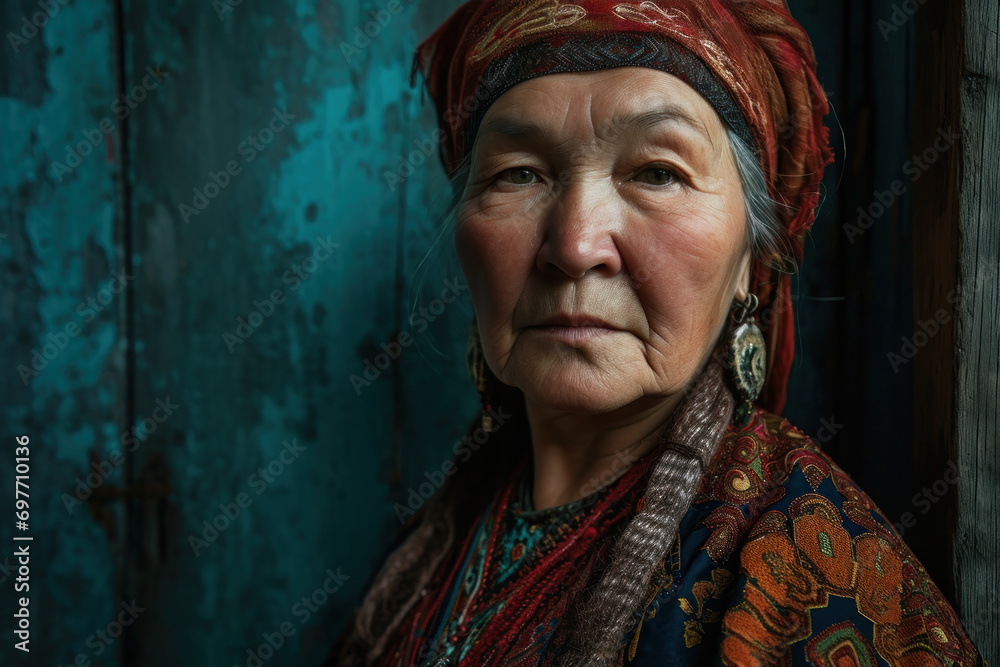 portrait Kazakhstan mature woman in the traditional dress