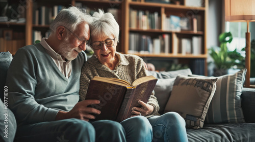 Senior couple reading book on the sofa in living room photo