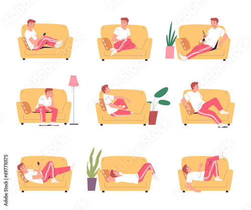 Lazy man on sofa. Sedentary person nap comfort couch, lying or sitting sleeping hipster character home relaxation, tired people laziness procrastination classy vector illustration