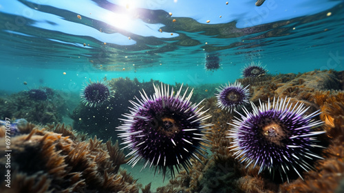 Sea urchins underwater in the Atlantic ocean (purple sea urchin Paracentrotus lividus) Generative AI photo