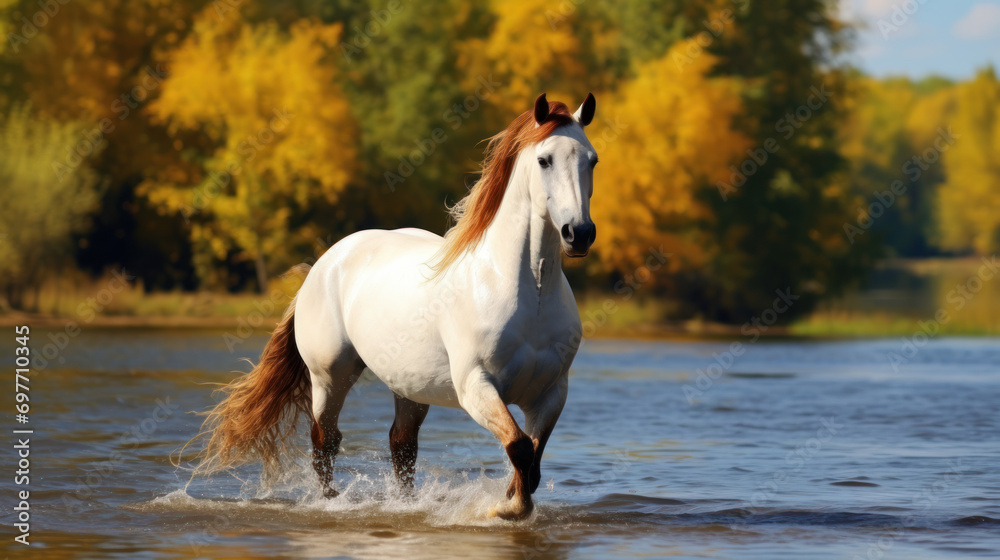 white and brown horse near river