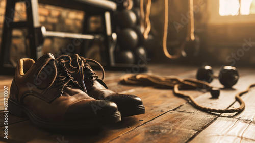 Leather shoes on the wooden floor photo