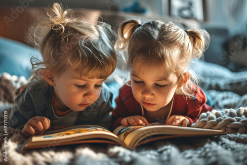 Two children lie on their tummies and read the same book together photo