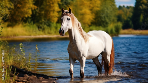 white and brown horse near river