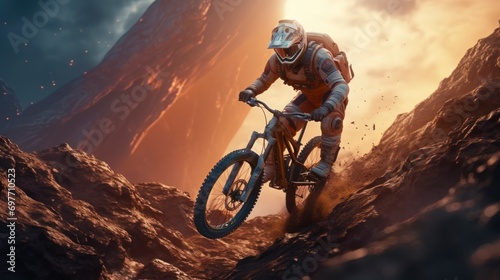 A man riding a bike on top of a rocky hillside