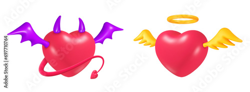 Angel devil hearts. 3d heart with demon or god elements, evil good concept bad love horns tail wings, religion halo romantic pair red symbol, realistic nowaday vector illustration