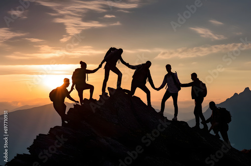 Group of team people helping work on peak mountain climbing teamwork , travel trekking winner success business concept