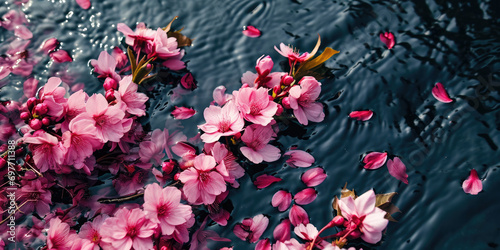 Sakura flowers and petals float on the surface of the water. Hanami. AI