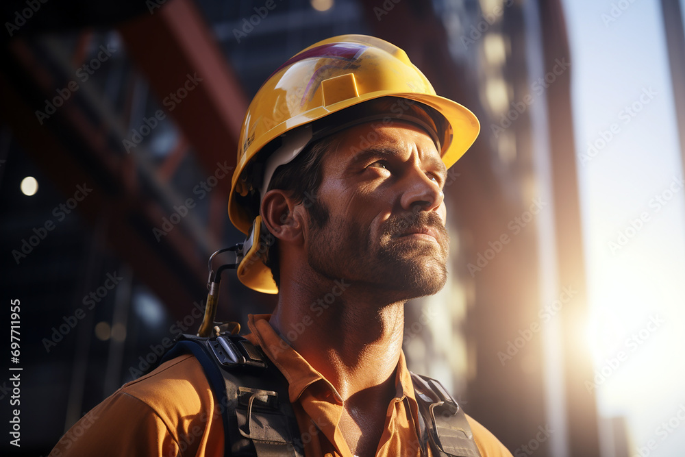 Portrait of engineer worker wear hard hat, standing on skyscraper building construction. Architect engineer during inspection at construction site. Generative AI Portrait of engineer worker wear hard hat, standing on skyscraper building construction. Architect engineer during inspection at construction site. Generative AI