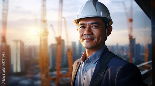 Portrait of engineer worker wear hard hat, standing on skyscraper building construction. Architect engineer during inspection at construction site. Generative AI