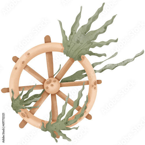 A watercolor painting of a ship's steering wheel covered in seaweed. photo