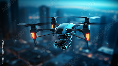 An illustration of a 3D security drone patrolling an area, 3d security, blurred background, with copy space © Катерина Євтехова
