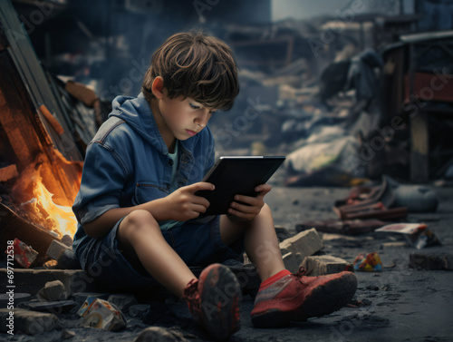 Niño adicto a las pantallas y a las redes sociales mientras el mundo pasa a su alrededor photo