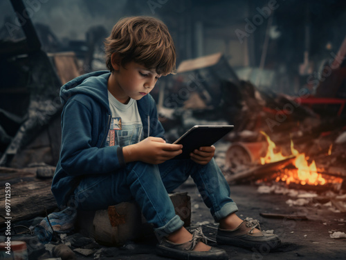 Niño adicto a las pantallas y a las redes sociales mientras el mundo pasa a su alrededor