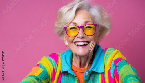 happy senior retired woman in colourful neon clothes on pink background