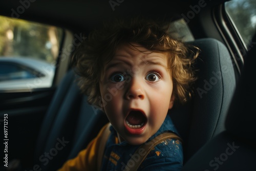 Portrait of a frightened child boy sitting in a car and looking at camera. Screaming funny kid, fear