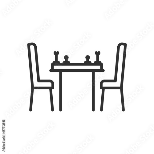 Chess game, table with chessboard and chairs, linear icon. Line with editable stroke