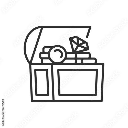 An open chest, linear icon. Treasure with jewelry and money. Line with editable stroke
