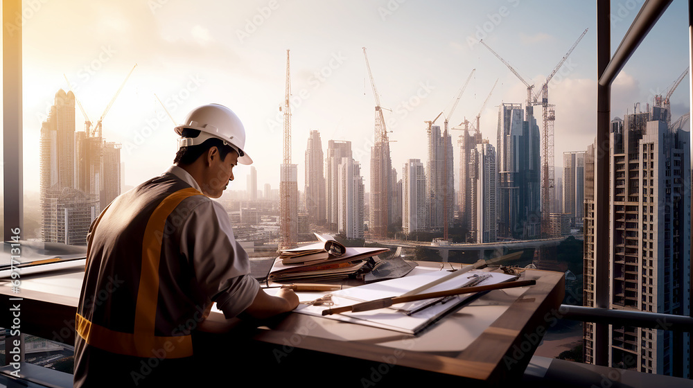 Structural engineer and foreman worker. Engineer teams meeting working together wear worker helmets on skyscraper building construction. Generative AI Structural engineer and foreman worker. Engineer teams meeting working together wear worker helmets on skyscraper building construction. Generative AI
