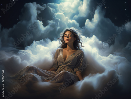 Mujer morena durmiendo entre nubes de colores, relax, descansar