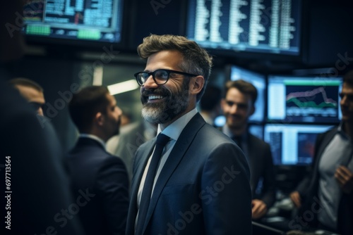 Portrait of happy trader or broker working at stock exchange office. background of his business team. Investment Entrepreneur Trading Concept. photo