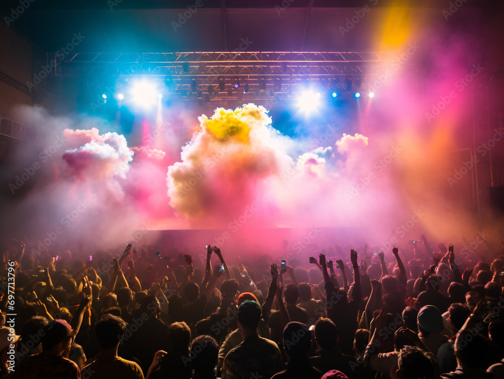 Jóvenes en festival de música electrónica y reggaetón, fiesta polvos de colores