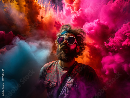 Jóvenes en festival de música electrónica y reggaetón, fiesta polvos de colores photo