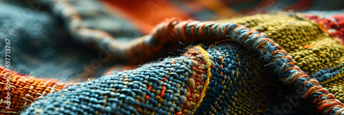 Close-up of Colorful Hand-stitched Textile with Detailed Weave Patterns