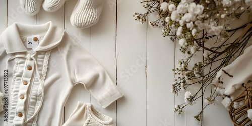 Organic Cotton Baby Clothes and Knit Booties with Dried Flowers on Wooden Background photo