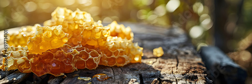 Natural Raw Honeycomb on Wooden Surface with Backlight photo