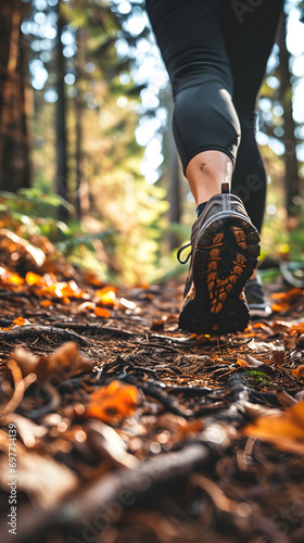 Close-Up of Running Shoes on a Forest Trail Surrounded by Autumn Leaves
