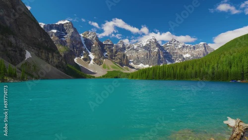 Time Lapse footage of Beautiful turquoise waters of the moraine lake with snow-covered peaks above it in banff national park of canada. photo