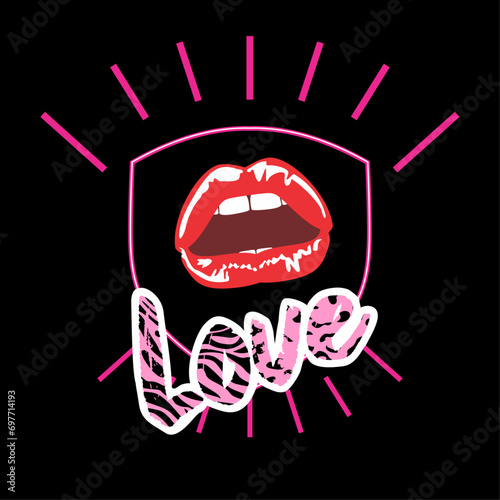 Love. T-shirt design with sensual red lips and a word. Illustration in pop art style.